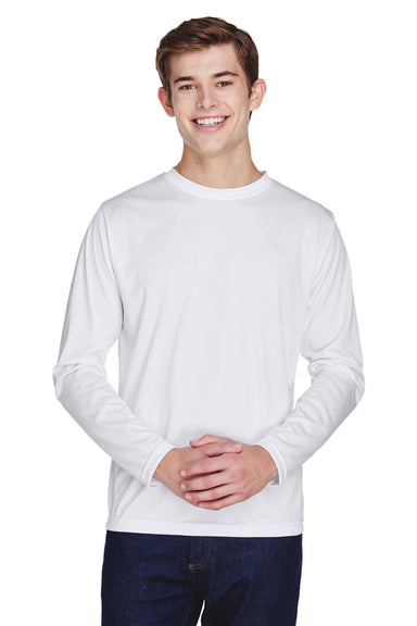 Team 365 TT11L Mens Zone Performance Moisture Wicking Long Sleeve Crewneck T-Shirt White Model Front