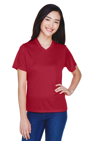 Team 365 TT11W Womens Zone Performance Moisture Wicking Short Sleeve V-Neck T-Shirt Scarlet Red Model Front