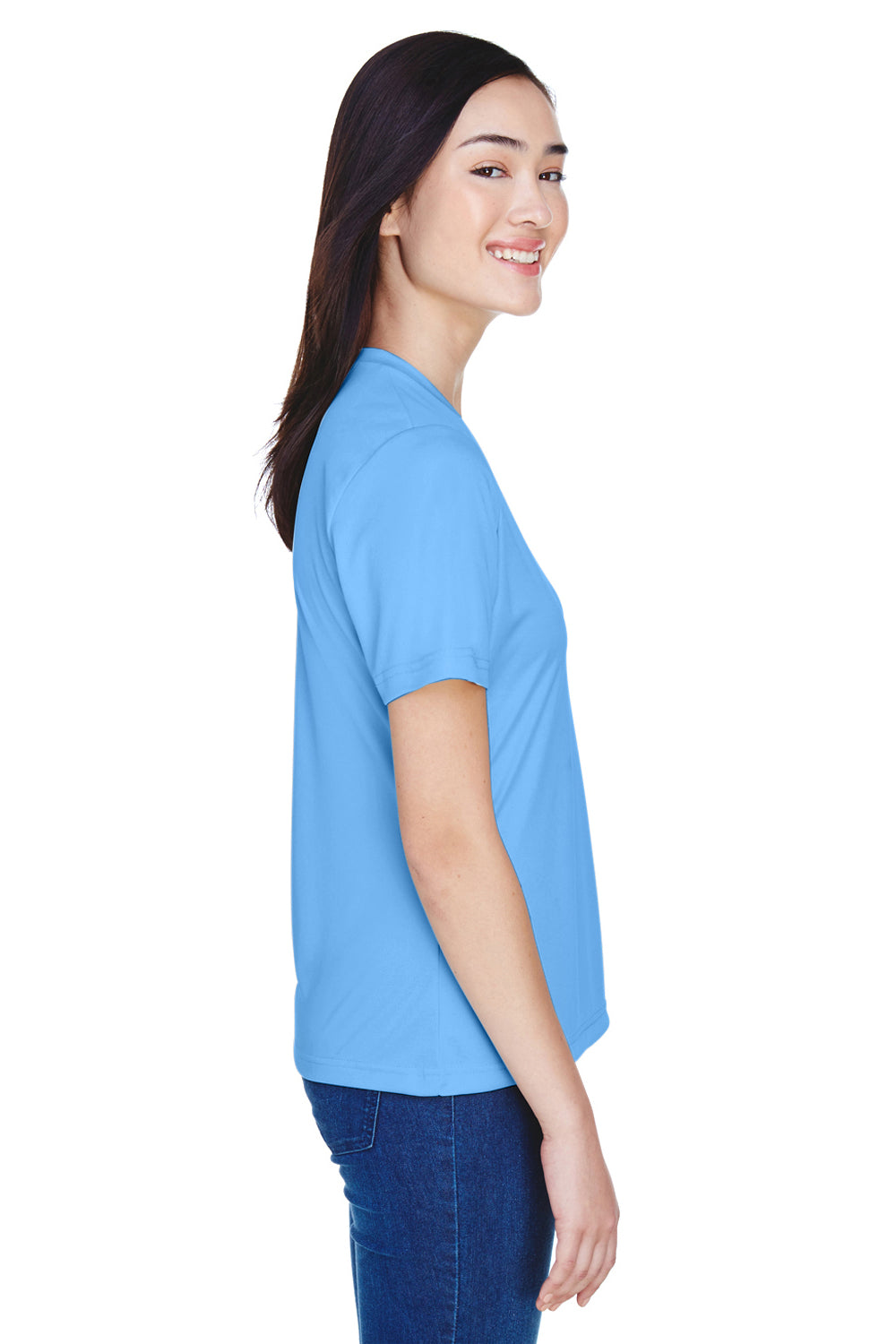 Team 365 TT11W Womens Zone Performance Moisture Wicking Short Sleeve V-Neck T-Shirt Light Blue Model Side