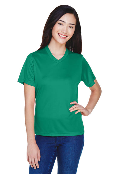 Team 365 TT11W Womens Zone Performance Moisture Wicking Short Sleeve V-Neck T-Shirt Kelly Green Model Front