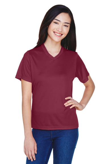 Team 365 TT11W Womens Zone Performance Moisture Wicking Short Sleeve V-Neck T-Shirt Maroon Model Front