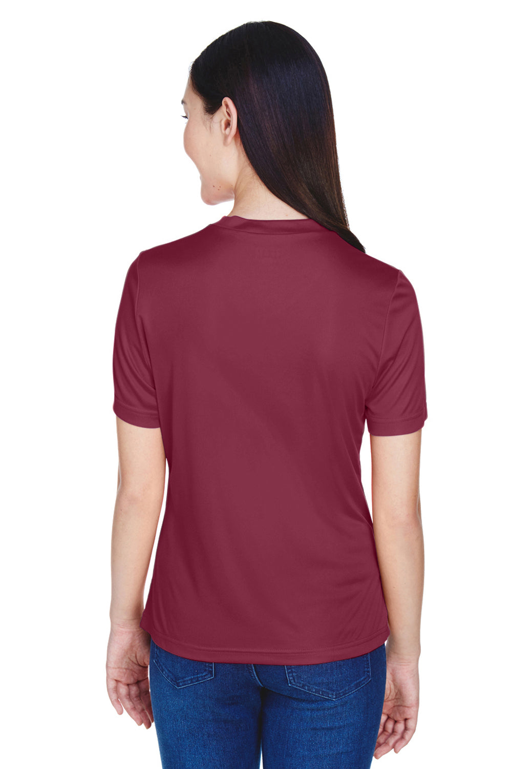 Team 365 TT11W Womens Zone Performance Moisture Wicking Short Sleeve V-Neck T-Shirt Maroon Model Back