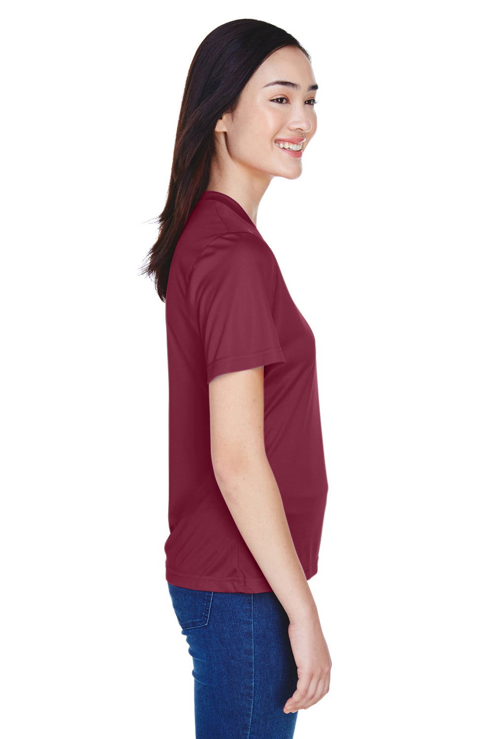 Team 365 TT11W Womens Zone Performance Moisture Wicking Short Sleeve V-Neck T-Shirt Maroon Model Side