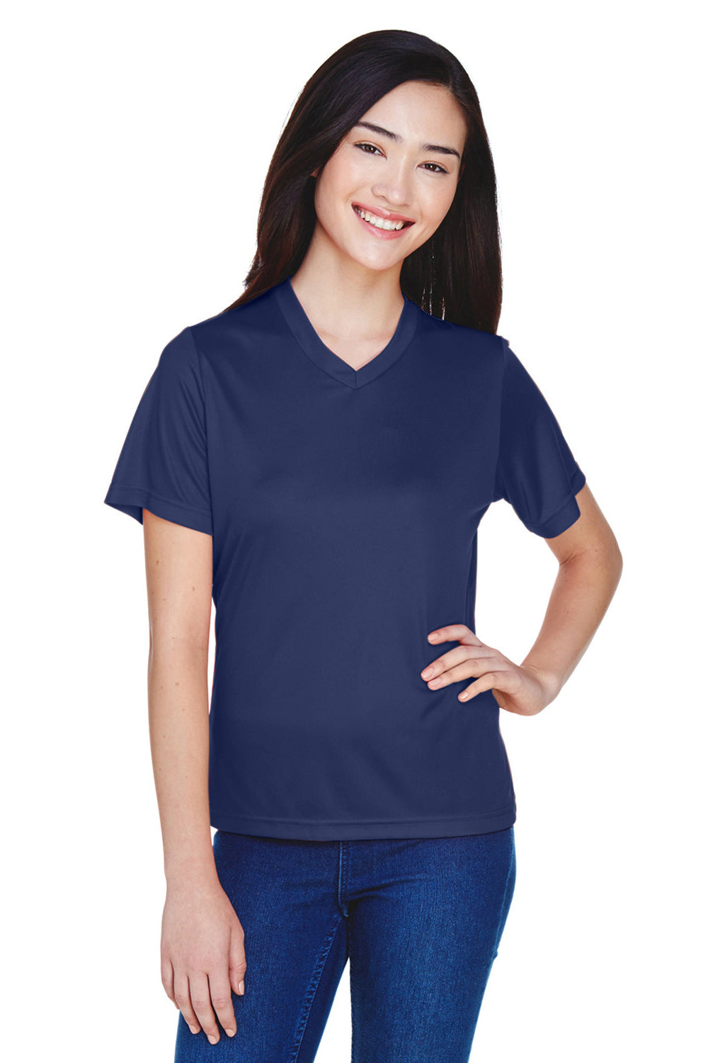 Team 365 TT11W Womens Zone Performance Moisture Wicking Short Sleeve V-Neck T-Shirt Dark Navy Blue Model Front