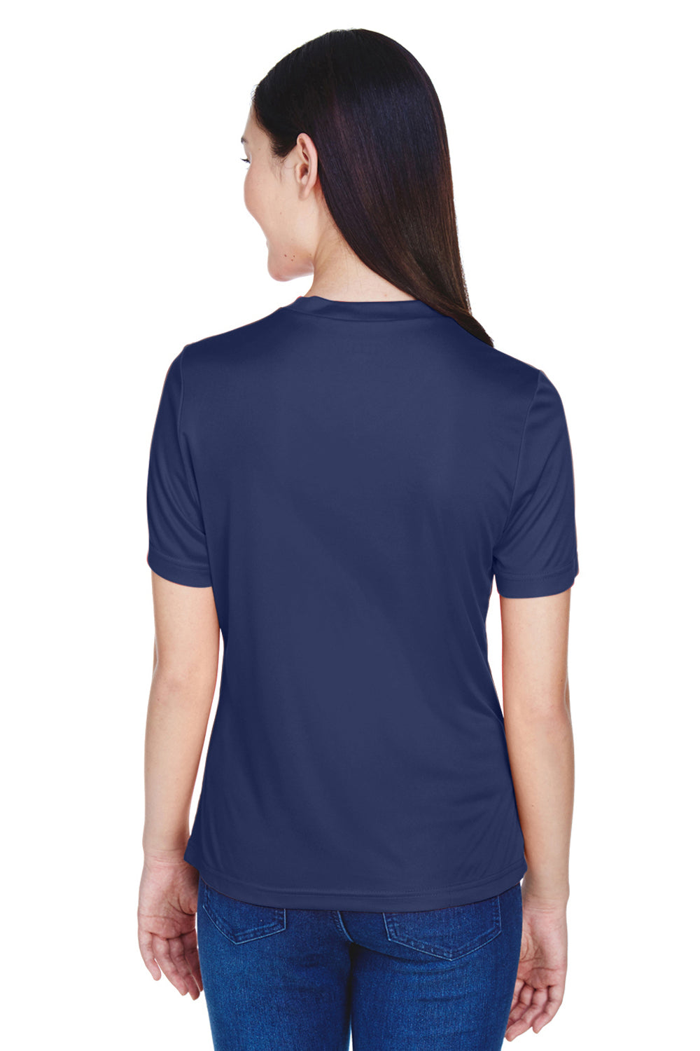 Team 365 TT11W Womens Zone Performance Moisture Wicking Short Sleeve V-Neck T-Shirt Dark Navy Blue Model Back