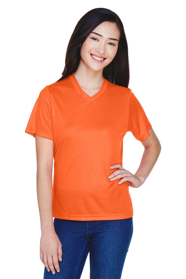 Team 365 TT11W Womens Zone Performance Moisture Wicking Short Sleeve V-Neck T-Shirt Orange Model Front