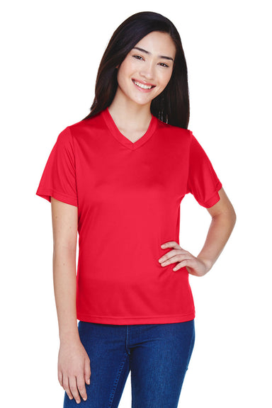 Team 365 TT11W Womens Zone Performance Moisture Wicking Short Sleeve V-Neck T-Shirt Red Model Front