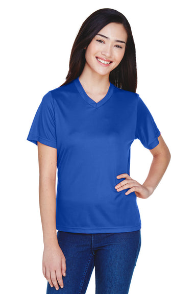 Team 365 TT11W Womens Zone Performance Moisture Wicking Short Sleeve V-Neck T-Shirt Royal Blue Model Front