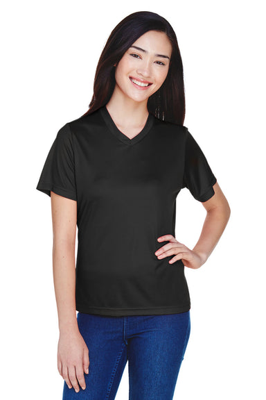 Team 365 TT11W Womens Zone Performance Moisture Wicking Short Sleeve V-Neck T-Shirt Black Model Front