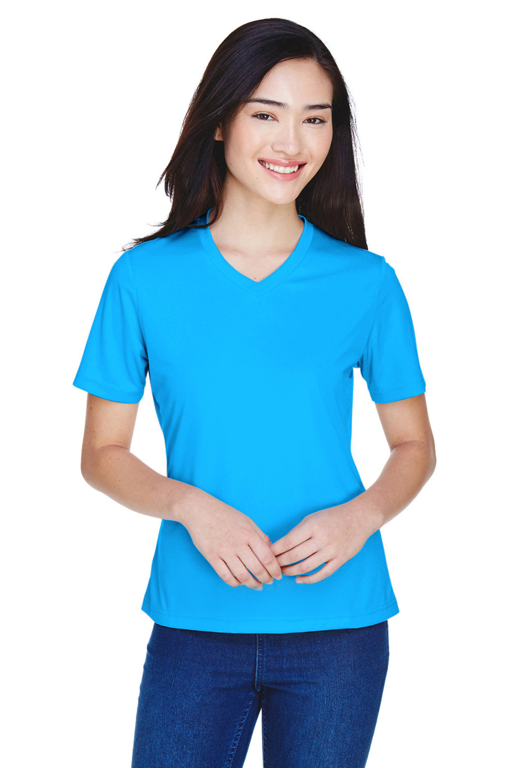 Team 365 TT11W Womens Zone Performance Moisture Wicking Short Sleeve V-Neck T-Shirt Electric Blue Model Front