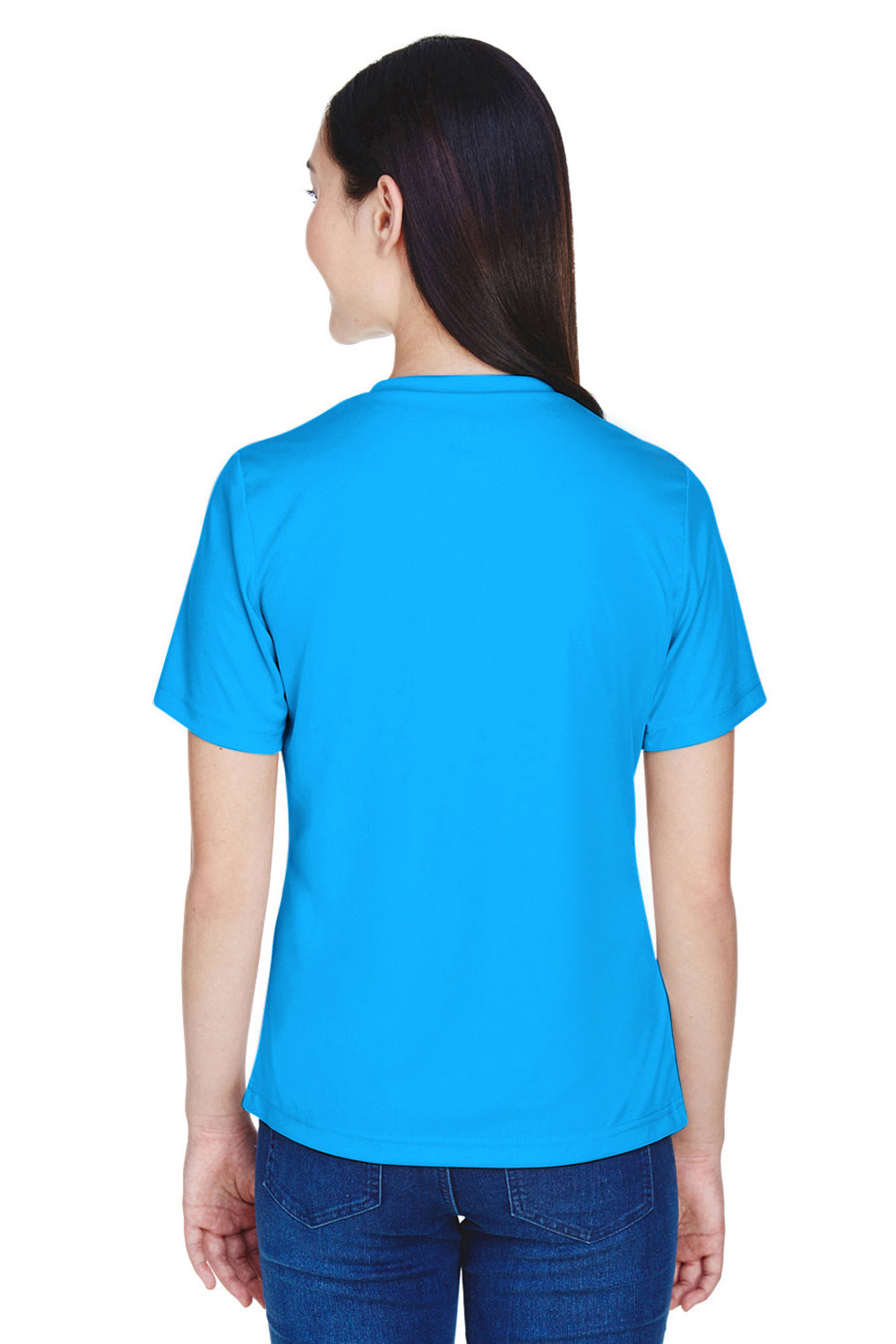 Team 365 TT11W Womens Zone Performance Moisture Wicking Short Sleeve V-Neck T-Shirt Electric Blue Model Back