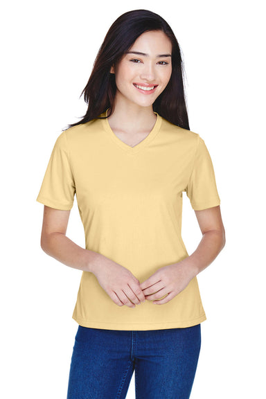 Team 365 TT11W Womens Zone Performance Moisture Wicking Short Sleeve V-Neck T-Shirt Vegas Gold Model Front