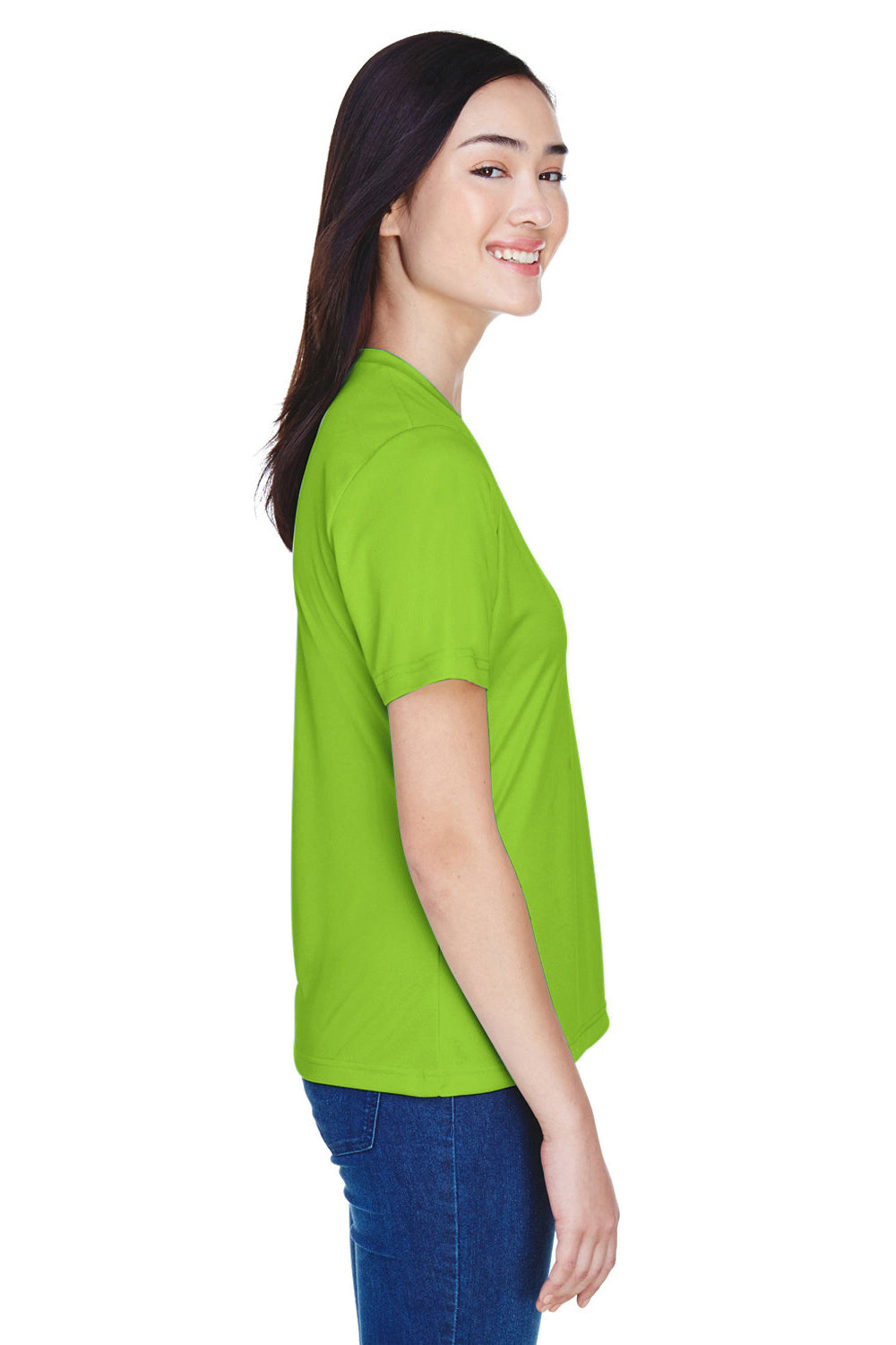 Team 365 TT11W Womens Zone Performance Moisture Wicking Short Sleeve V-Neck T-Shirt Acid Green Model Side