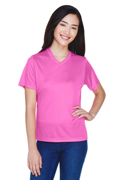 Team 365 TT11W Womens Zone Performance Moisture Wicking Short Sleeve V-Neck T-Shirt Charity Pink Model Front