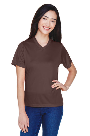 Team 365 TT11W Womens Zone Performance Moisture Wicking Short Sleeve V-Neck T-Shirt Dark Brown Model Front