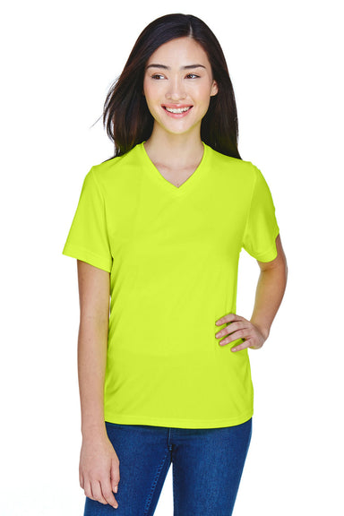 Team 365 TT11W Womens Zone Performance Moisture Wicking Short Sleeve V-Neck T-Shirt Safety Yellow Model Front