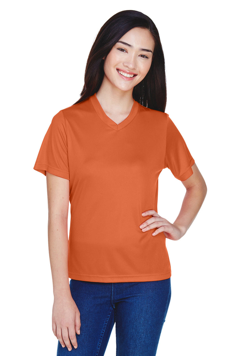 Team 365 TT11W Womens Zone Performance Moisture Wicking Short Sleeve V-Neck T-Shirt Burnt Orange Model Front