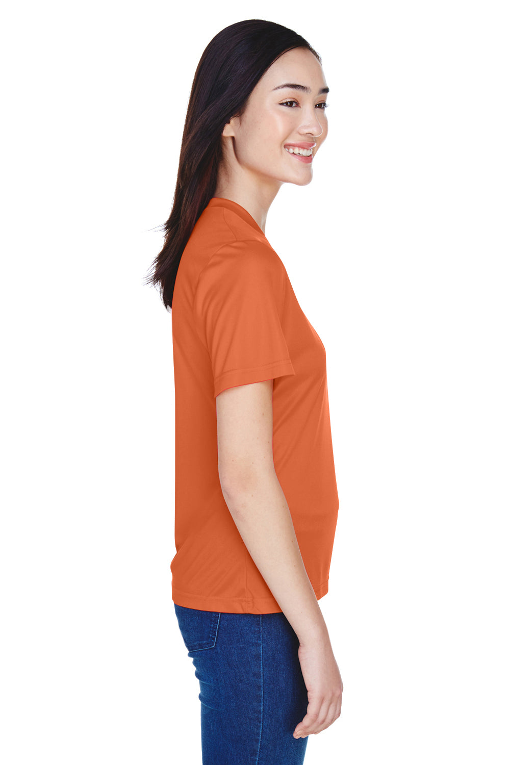 Team 365 TT11W Womens Zone Performance Moisture Wicking Short Sleeve V-Neck T-Shirt Burnt Orange Model Side