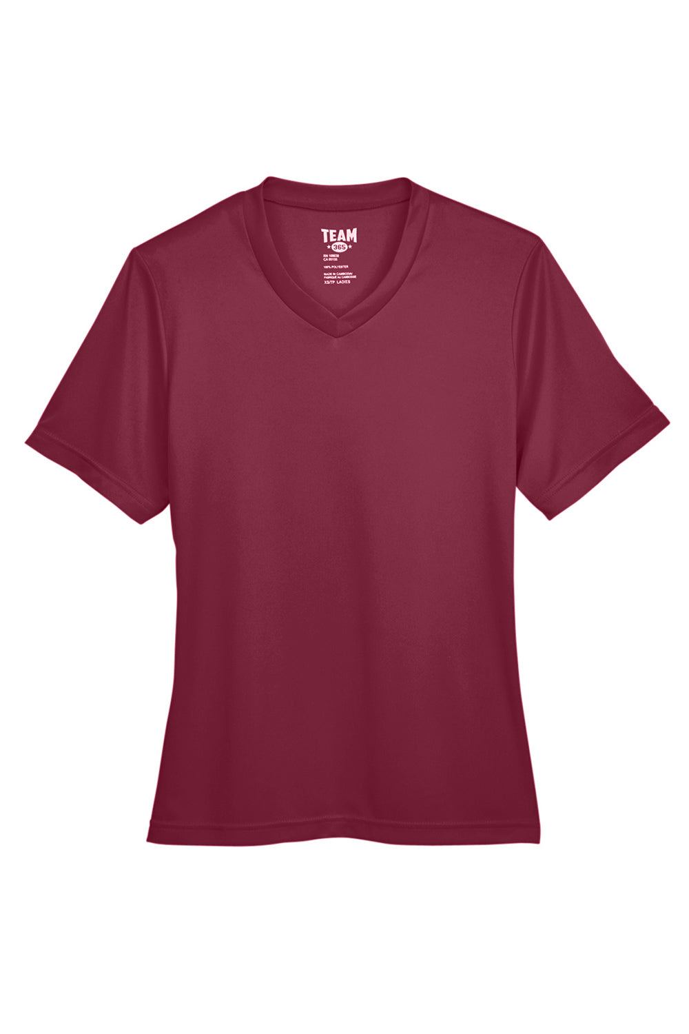 Team 365 TT11W Womens Zone Performance Moisture Wicking Short Sleeve V-Neck T-Shirt Maroon Flat Front