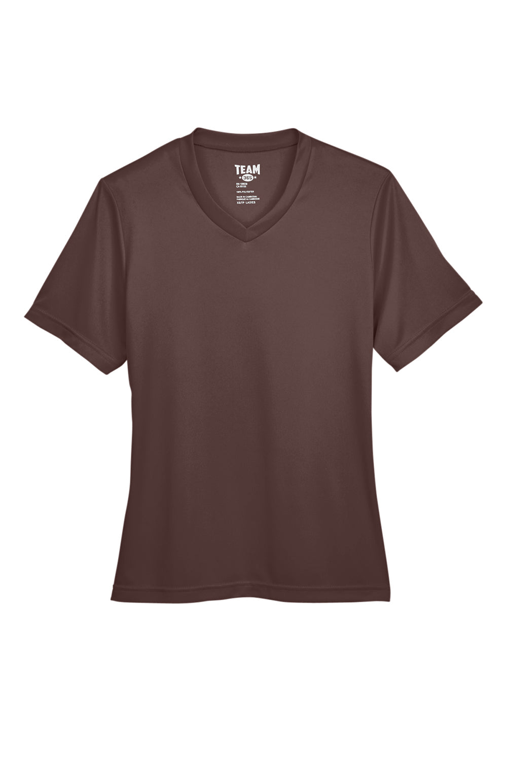 Team 365 TT11W Womens Zone Performance Moisture Wicking Short Sleeve V-Neck T-Shirt Dark Brown Flat Front