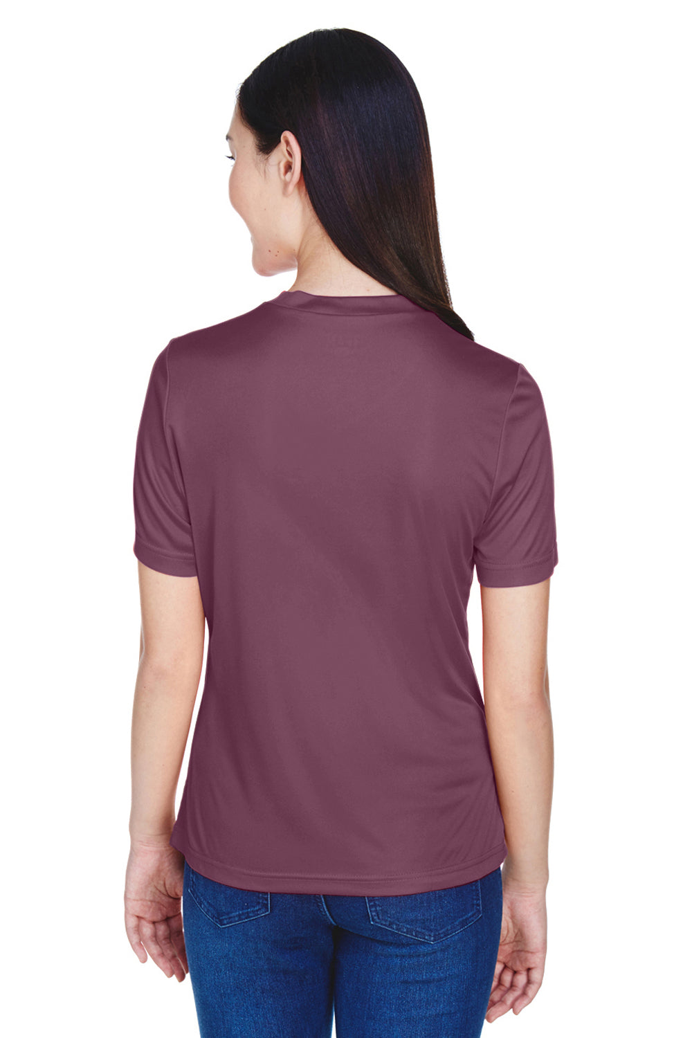 Team 365 TT11W Womens Zone Performance Moisture Wicking Short Sleeve V-Neck T-Shirt Dark Maroon Model Back