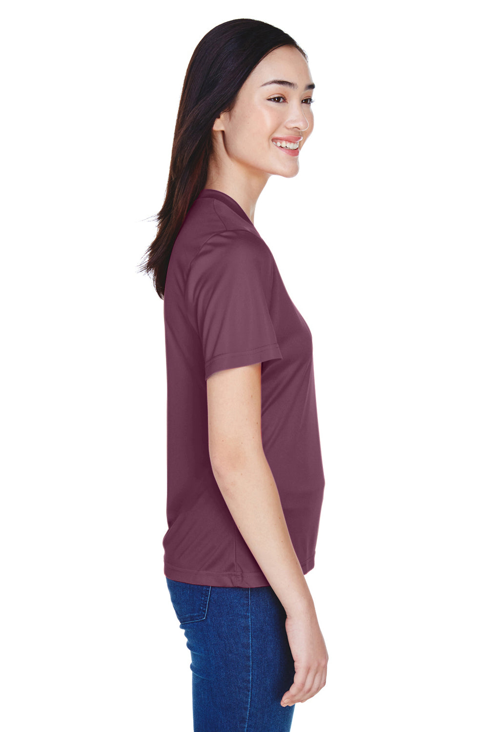 Team 365 TT11W Womens Zone Performance Moisture Wicking Short Sleeve V-Neck T-Shirt Dark Maroon Model Side