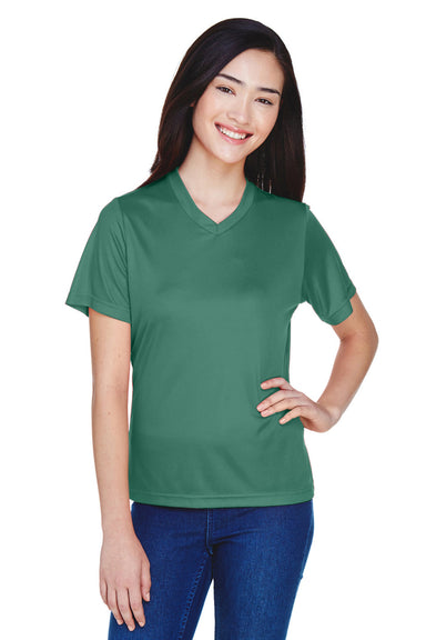 Team 365 TT11W Womens Zone Performance Moisture Wicking Short Sleeve V-Neck T-Shirt Dark Green Model Front