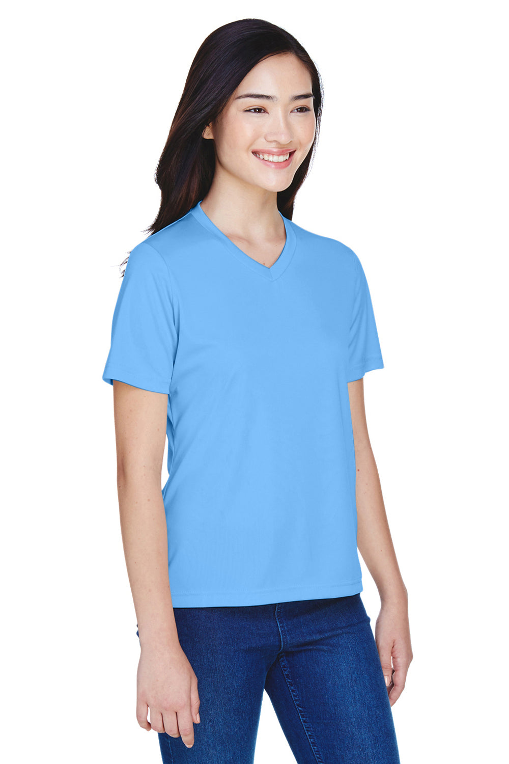 Team 365 TT11W Womens Zone Performance Moisture Wicking Short Sleeve V-Neck T-Shirt Light Blue Model 3q