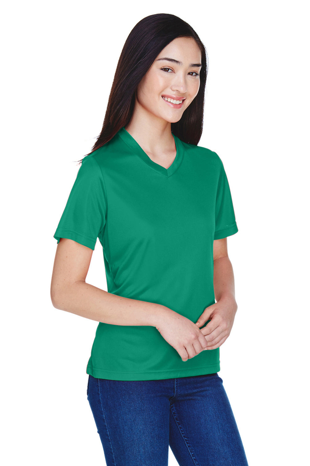 Team 365 TT11W Womens Zone Performance Moisture Wicking Short Sleeve V-Neck T-Shirt Kelly Green Model 3q