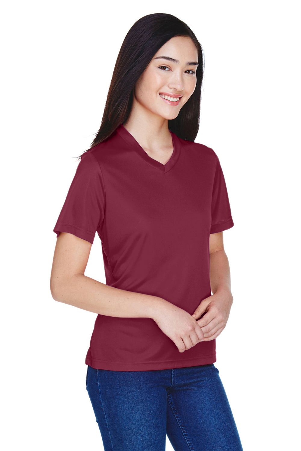 Team 365 TT11W Womens Zone Performance Moisture Wicking Short Sleeve V-Neck T-Shirt Maroon Model 3q