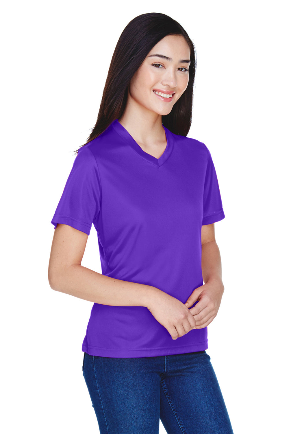 Team 365 TT11W Womens Zone Performance Moisture Wicking Short Sleeve V-Neck T-Shirt Purple Model 3q