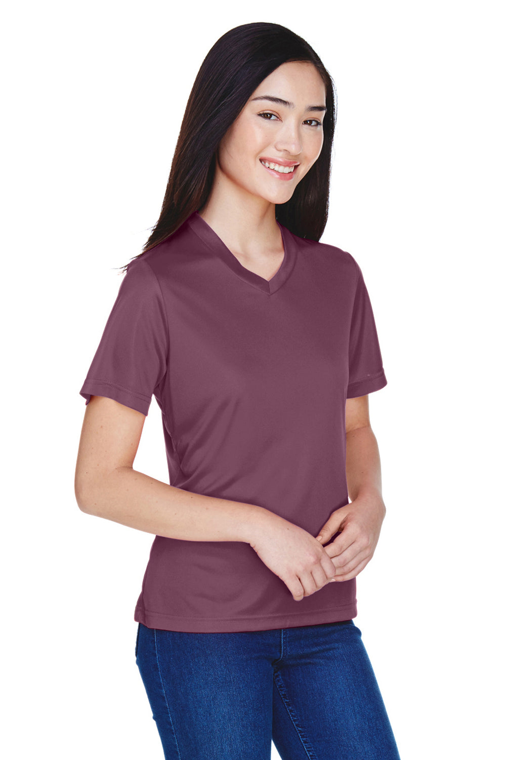 Team 365 TT11W Womens Zone Performance Moisture Wicking Short Sleeve V-Neck T-Shirt Dark Maroon Model 3q