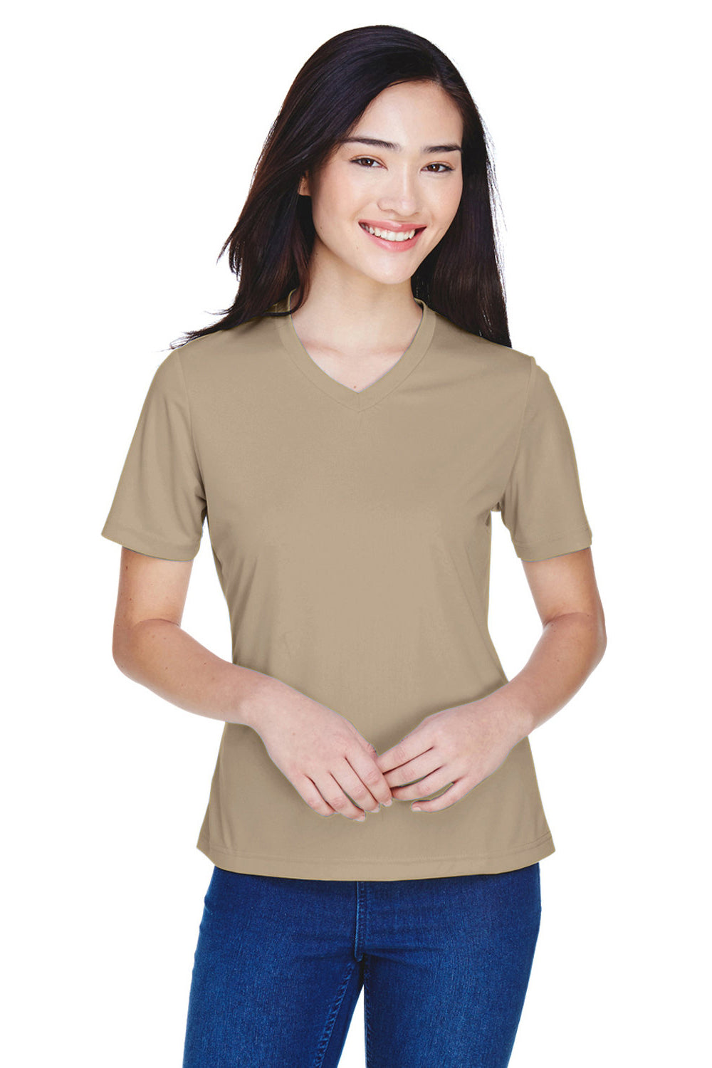 Team 365 TT11W Womens Zone Performance Moisture Wicking Short Sleeve V-Neck T-Shirt Desert Khaki Model Front