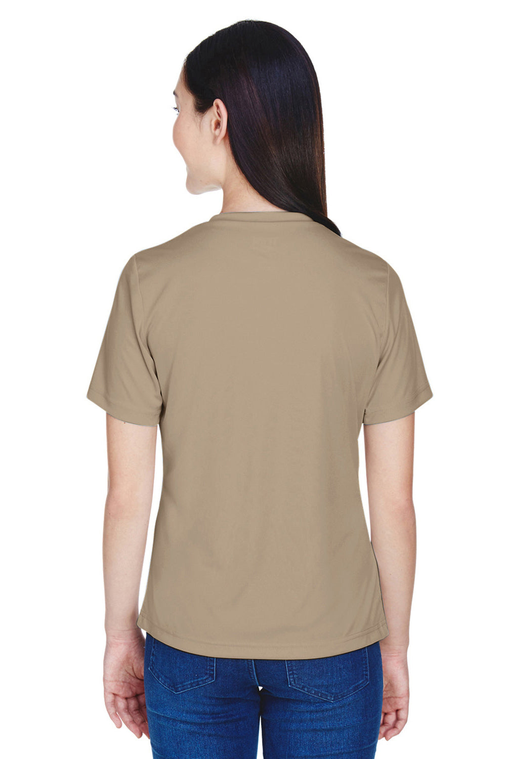 Team 365 TT11W Womens Zone Performance Moisture Wicking Short Sleeve V-Neck T-Shirt Desert Khaki Model Back