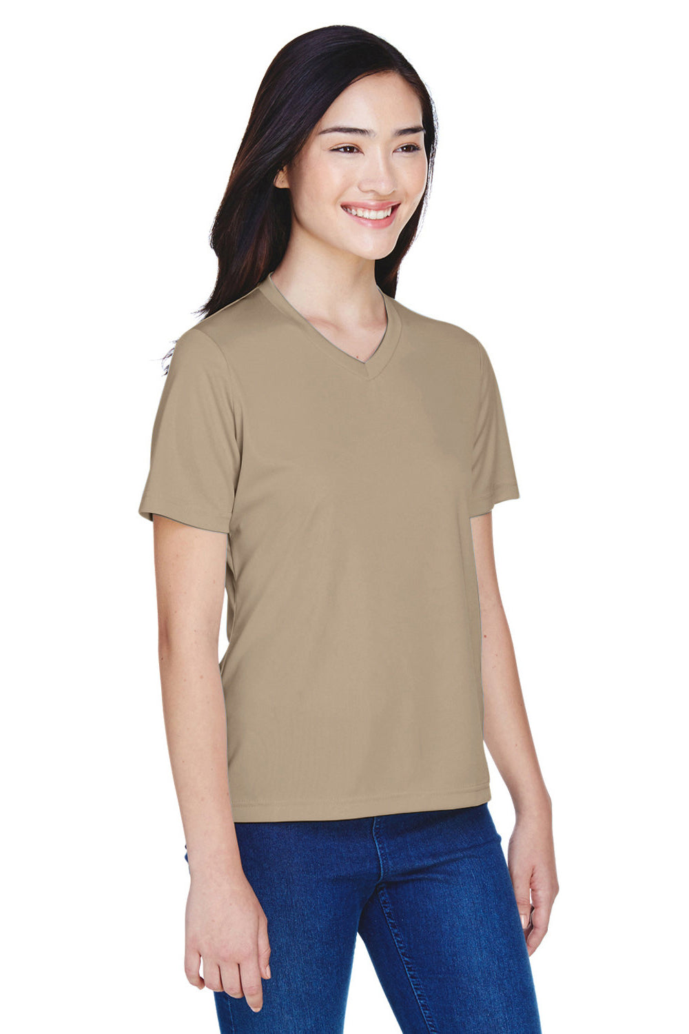 Team 365 TT11W Womens Zone Performance Moisture Wicking Short Sleeve V-Neck T-Shirt Desert Khaki Model 3q