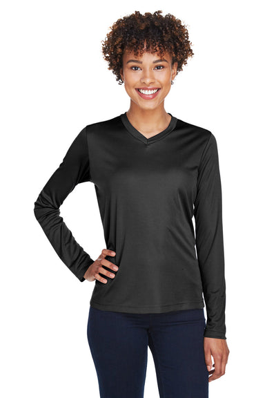 Team 365 TT11WL Womens Zone Performance Moisture Wicking Long Sleeve Crewneck T-Shirt Black Model Front