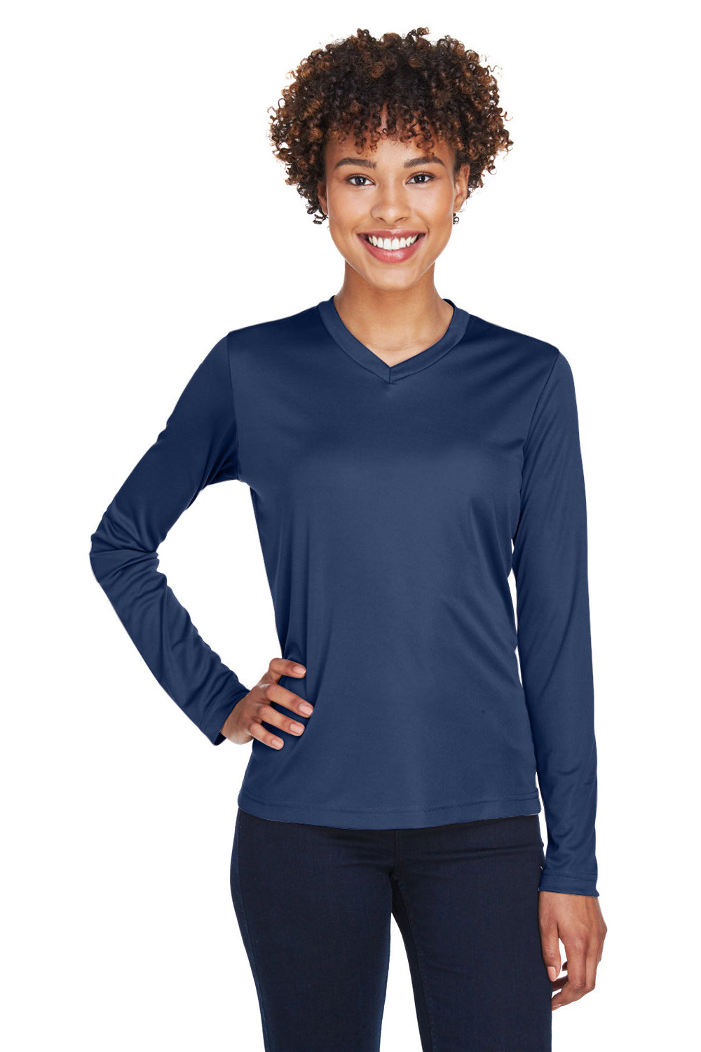 Team 365 TT11WL Womens Zone Performance Moisture Wicking Long Sleeve Crewneck T-Shirt Dark Navy Blue Model Front