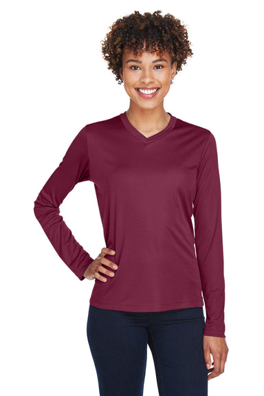 Team 365 TT11WL Womens Zone Performance Moisture Wicking Long Sleeve Crewneck T-Shirt Maroon Model Front