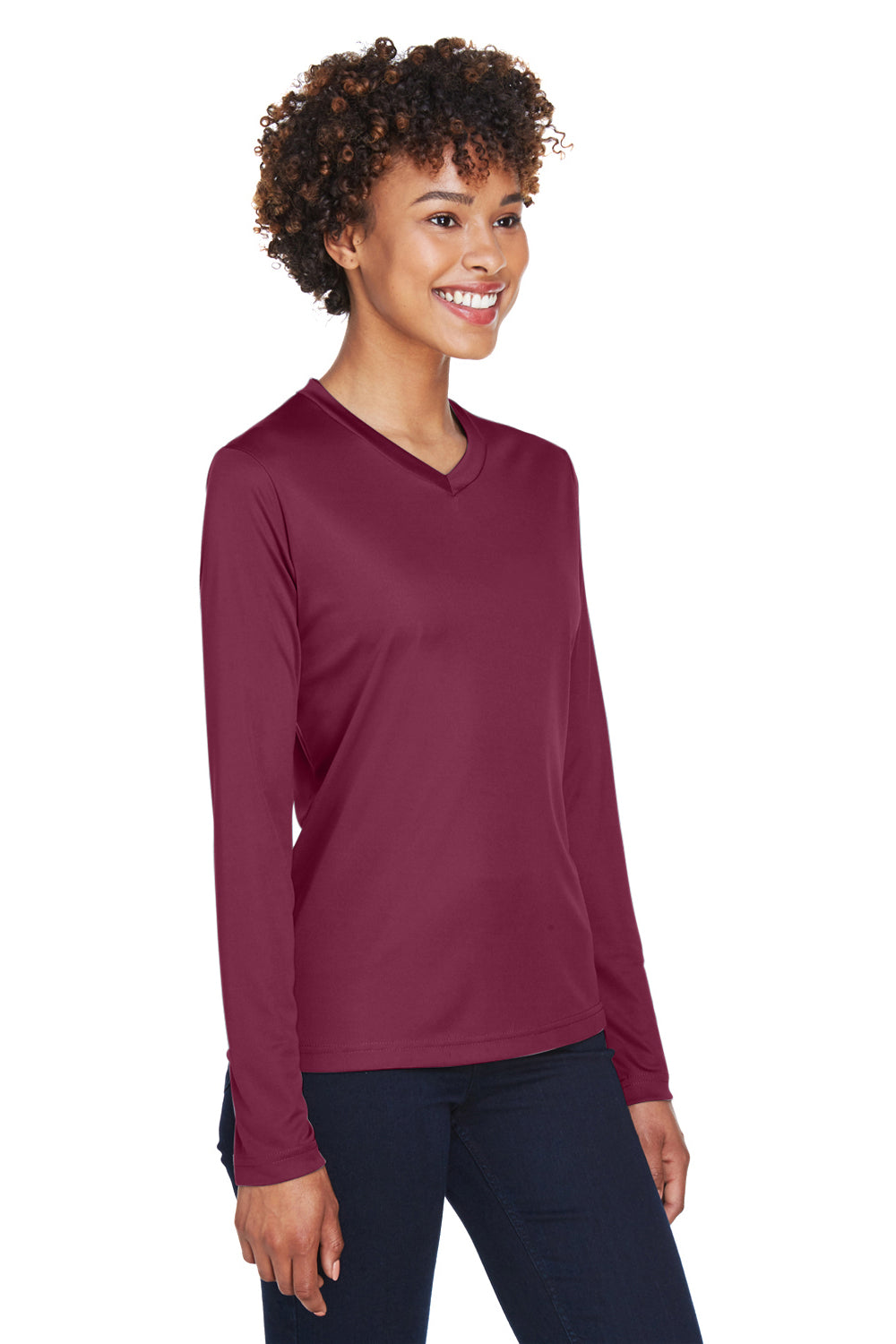 Team 365 TT11WL Womens Zone Performance Moisture Wicking Long Sleeve Crewneck T-Shirt Maroon Model 3q