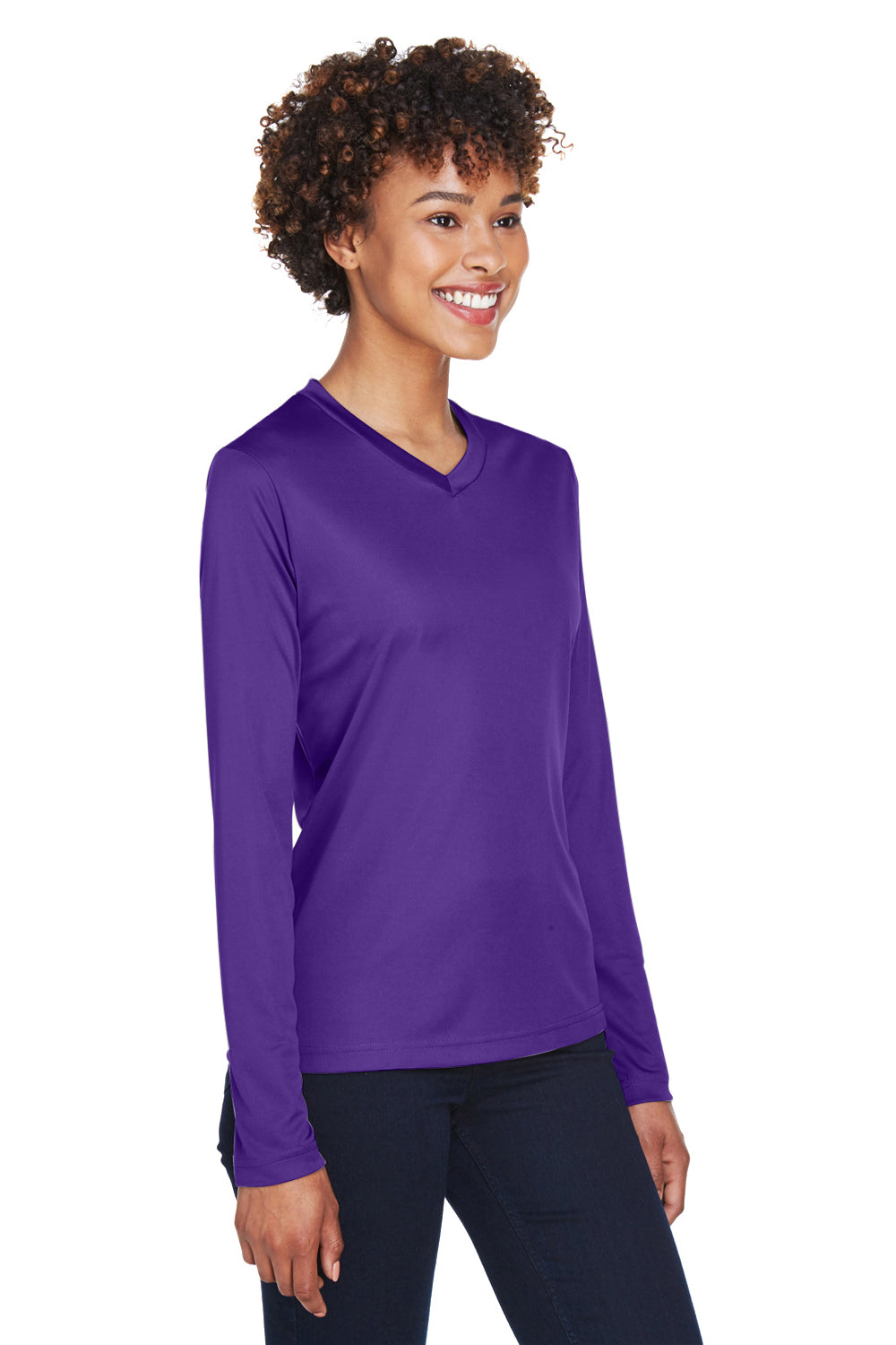 Team 365 TT11WL Womens Zone Performance Moisture Wicking Long Sleeve Crewneck T-Shirt Purple Model 3q