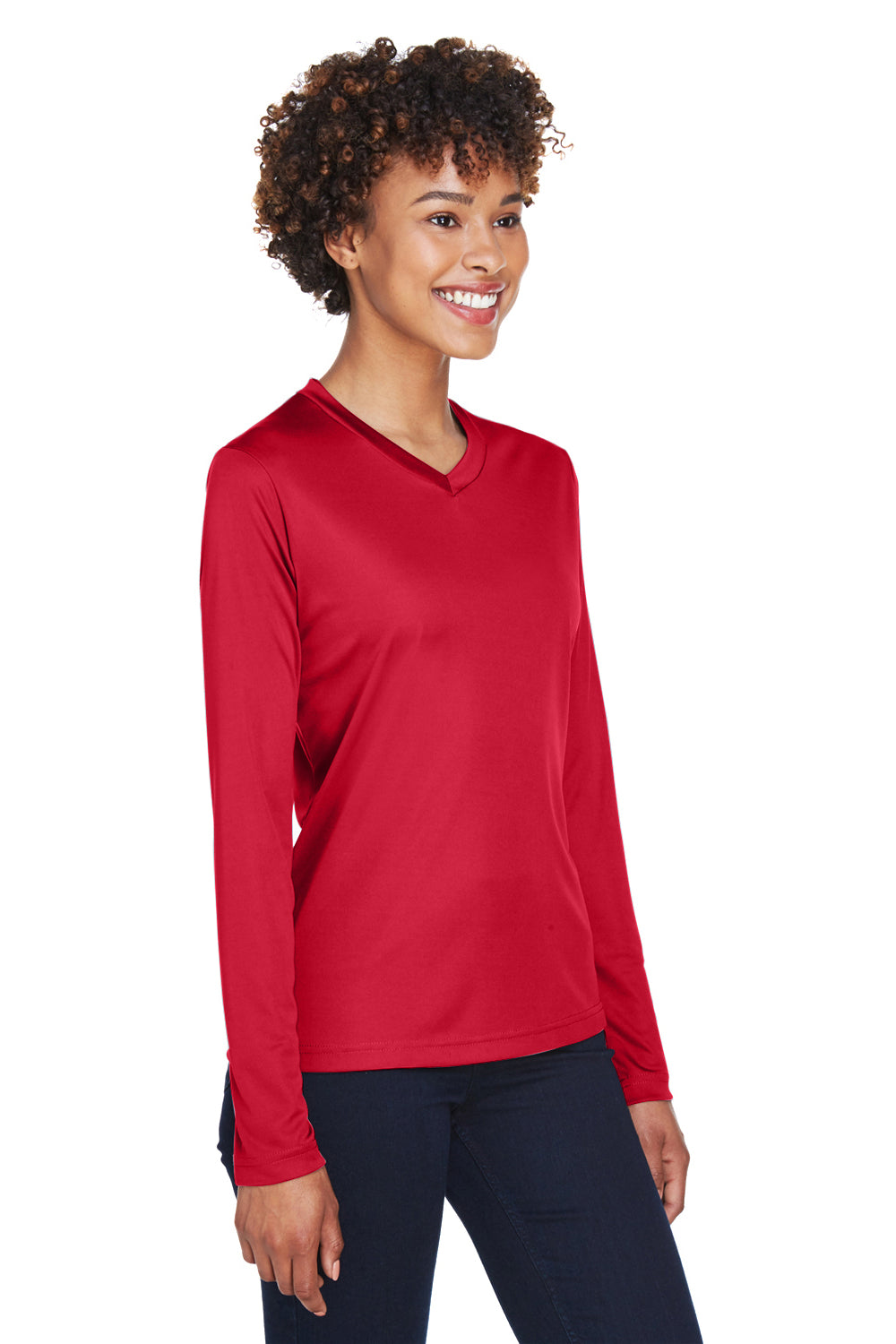 Team 365 TT11WL Womens Zone Performance Moisture Wicking Long Sleeve Crewneck T-Shirt Red Model 3q