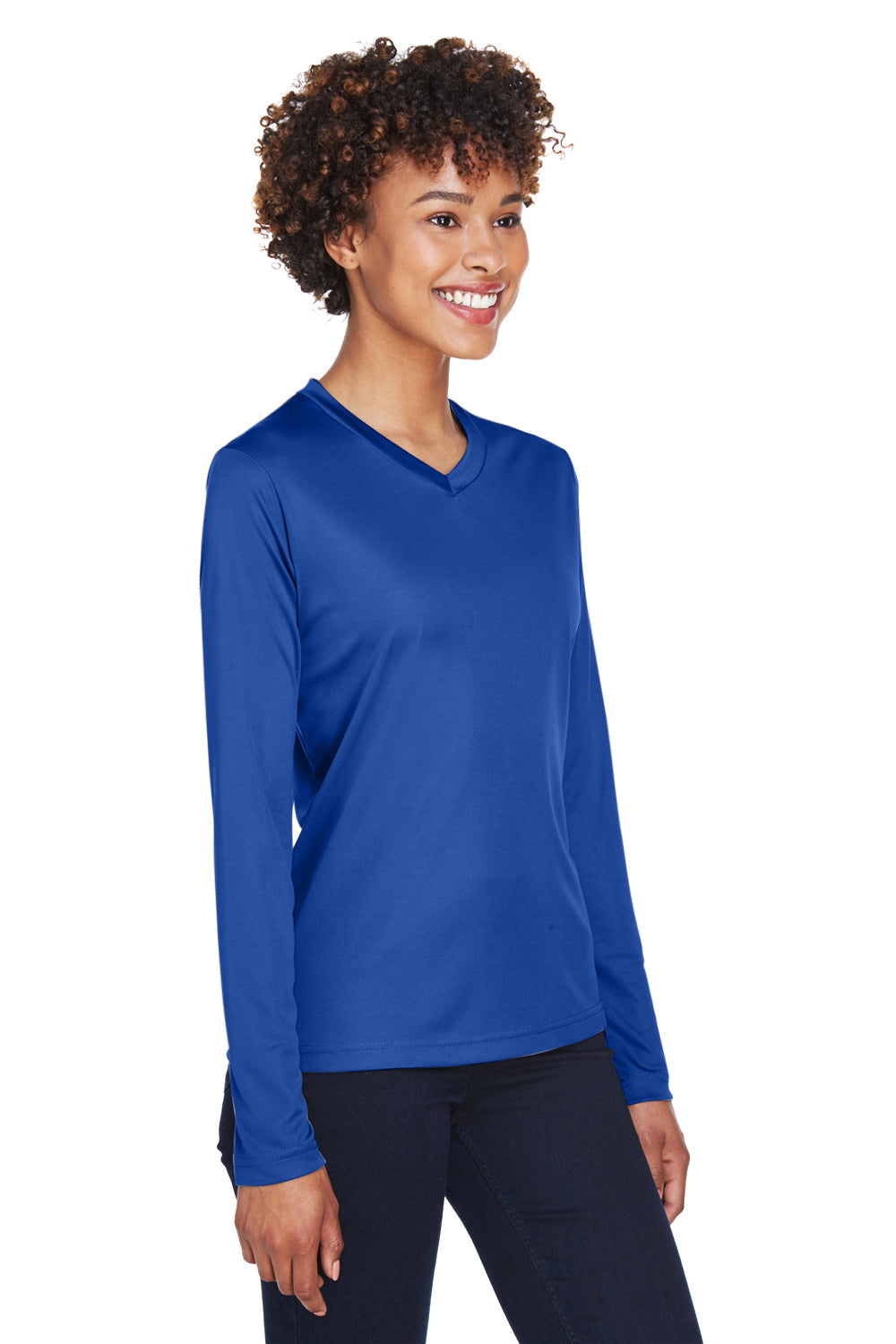 Team 365 TT11WL Womens Zone Performance Moisture Wicking Long Sleeve Crewneck T-Shirt Royal Blue Model 3q