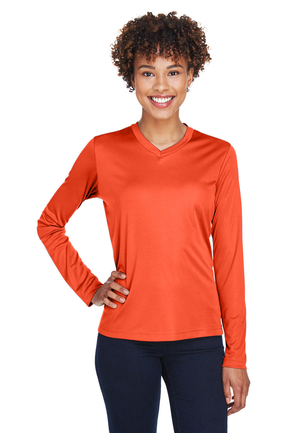 Team 365 TT11WL Womens Zone Performance Moisture Wicking Long Sleeve Crewneck T-Shirt Orange Model Front