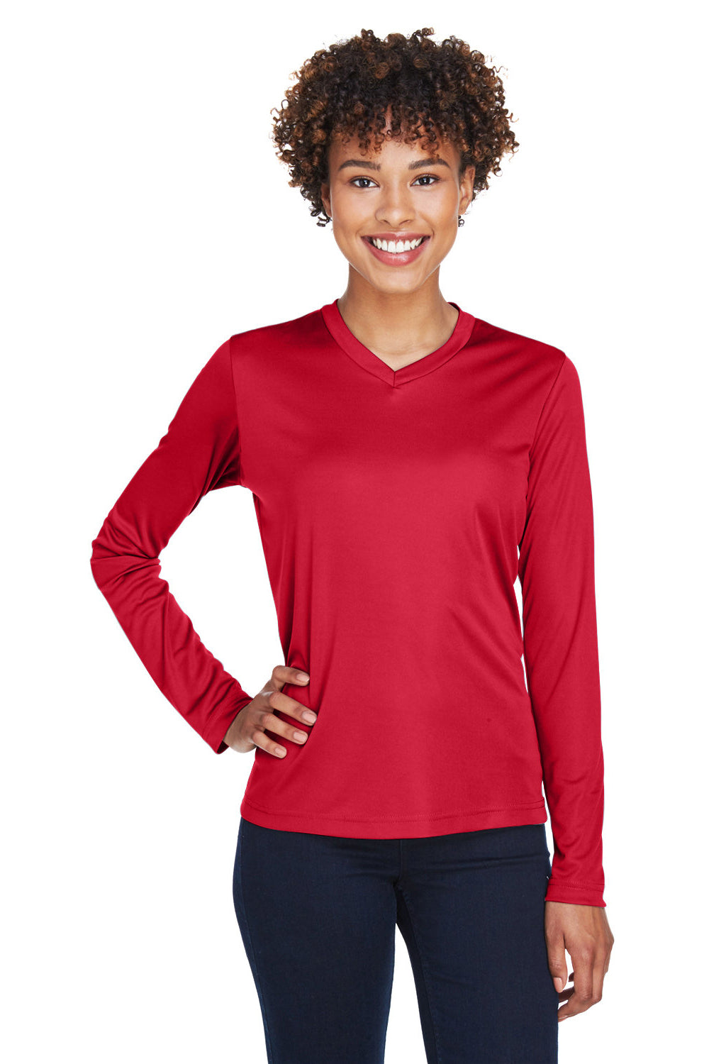 Team 365 TT11WL Womens Zone Performance Moisture Wicking Long Sleeve Crewneck T-Shirt Red Model Front