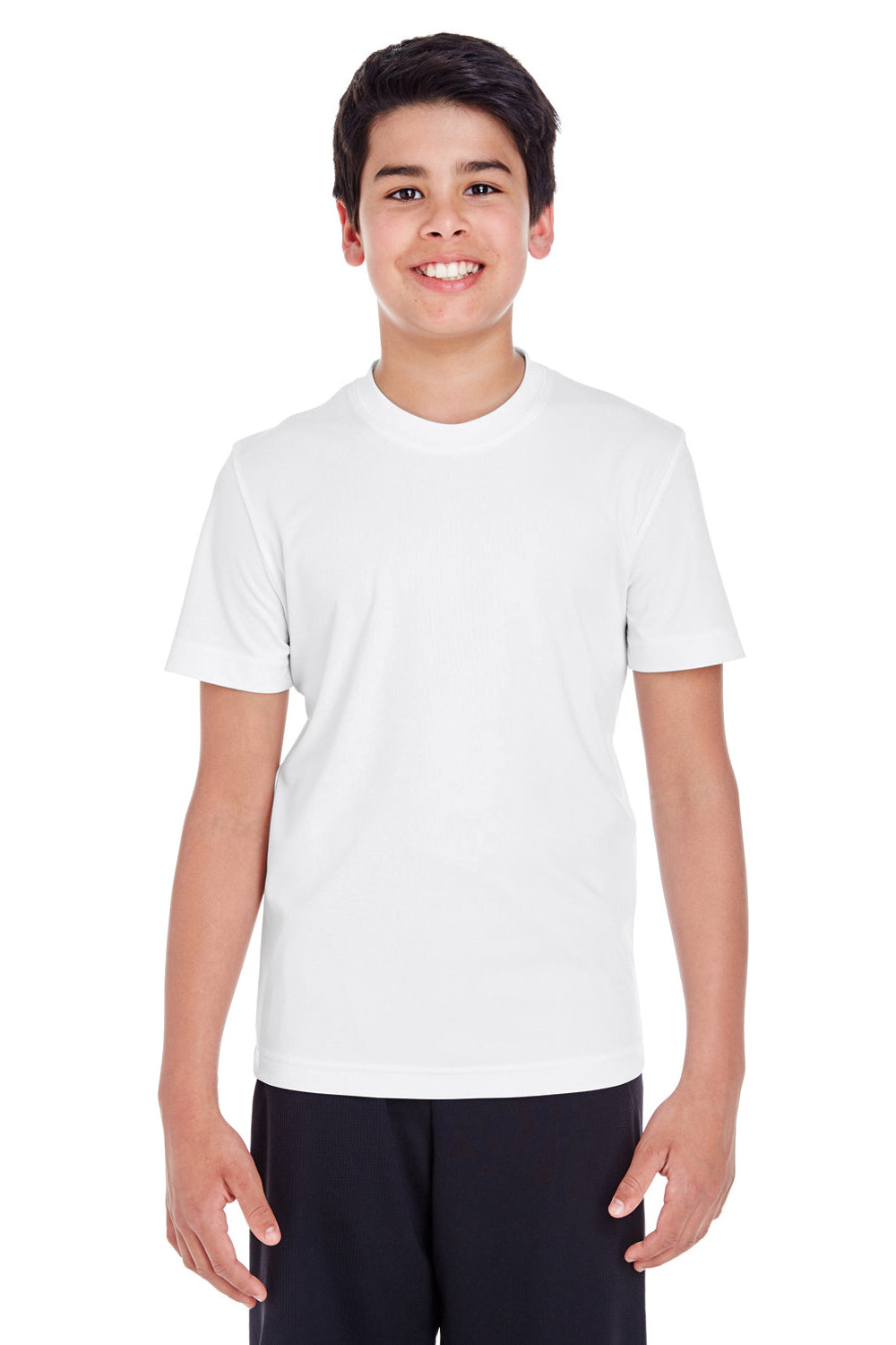 Team 365 TT11Y Youth Zone Performance Moisture Wicking Short Sleeve Crewneck T-Shirt White Model Front