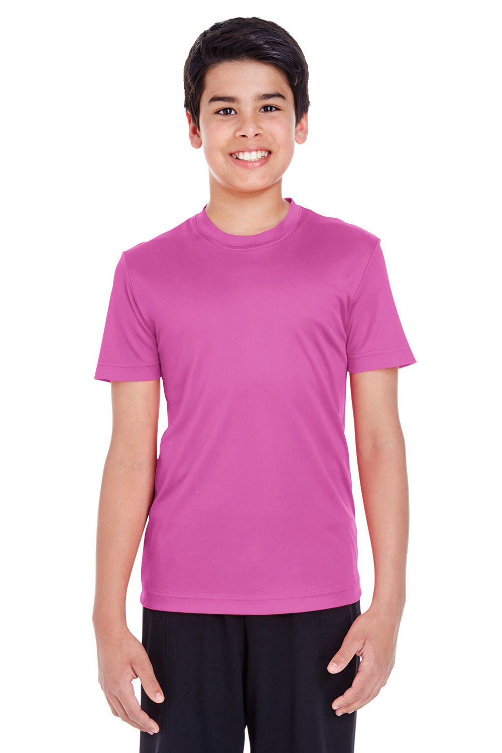 Team 365 TT11Y Youth Zone Performance Moisture Wicking Short Sleeve Crewneck T-Shirt Charity Pink Model Front