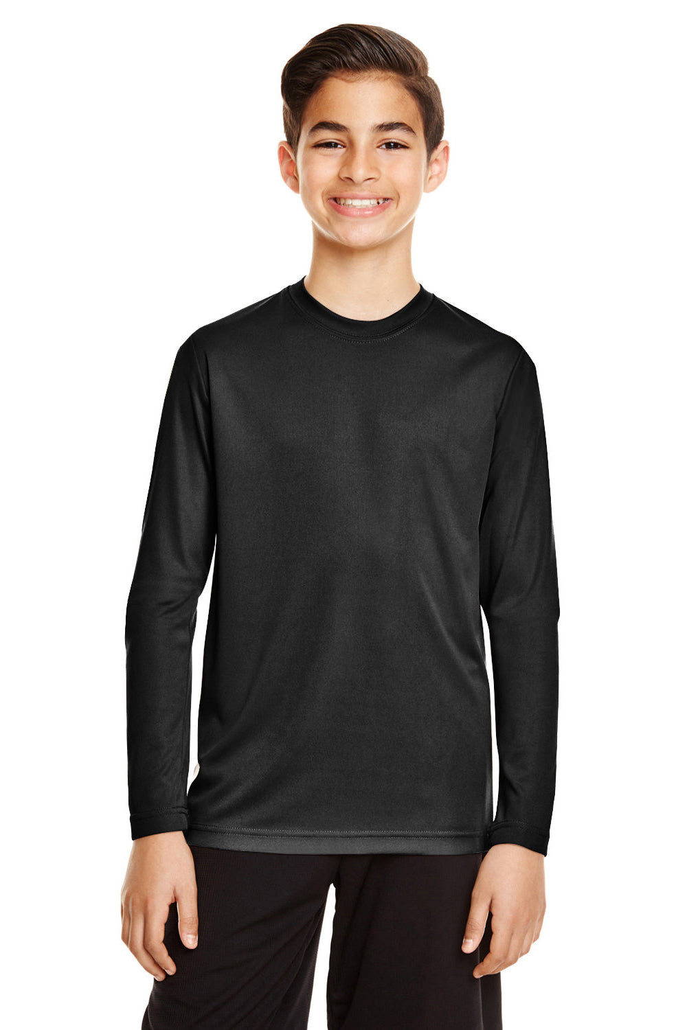 Team 365 TT11YL Youth Zone Performance Moisture Wicking Long Sleeve Crewneck T-Shirt Black Model Front