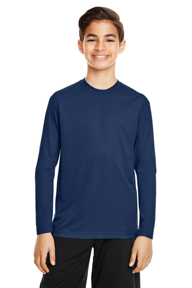 Team 365 TT11YL Youth Zone Performance Moisture Wicking Long Sleeve Crewneck T-Shirt Dark Navy Blue Model Front