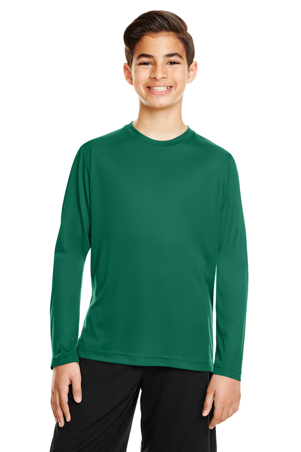 Team 365 TT11YL Youth Zone Performance Moisture Wicking Long Sleeve Crewneck T-Shirt Forest Green Model Front