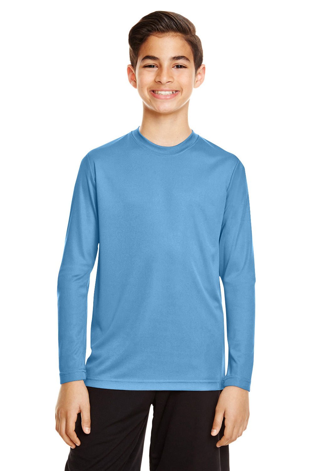 Team 365 TT11YL Youth Zone Performance Moisture Wicking Long Sleeve Crewneck T-Shirt Light Blue Model Front